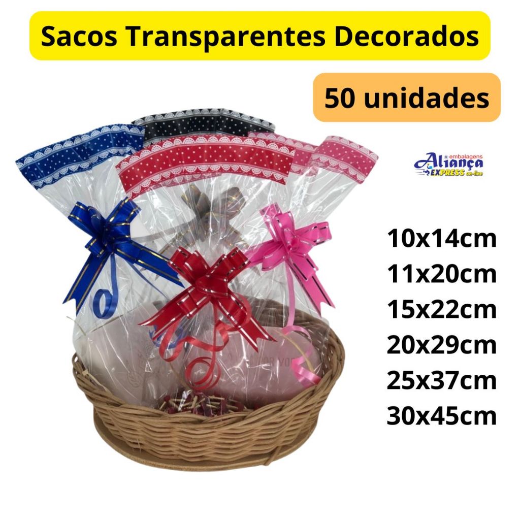 50 Sacos Transparentes Decorados Tamanhos a Escolha