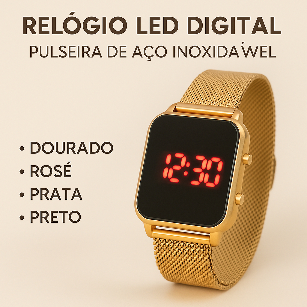 Relógio LED Digital Feminino – Dourado, Rosé, Prata e Preto Premium