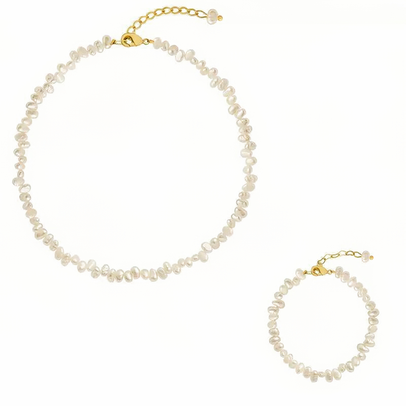 2 Peça Colar Pulseira de Pérola de Água Doce Barroca AAA de 5-6mm
