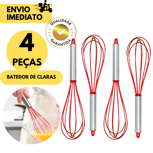 Kit 4 Fouet Batedor Manual Silicone Vermelho Cabo Inox Ovos Cozinha para Uso Diário