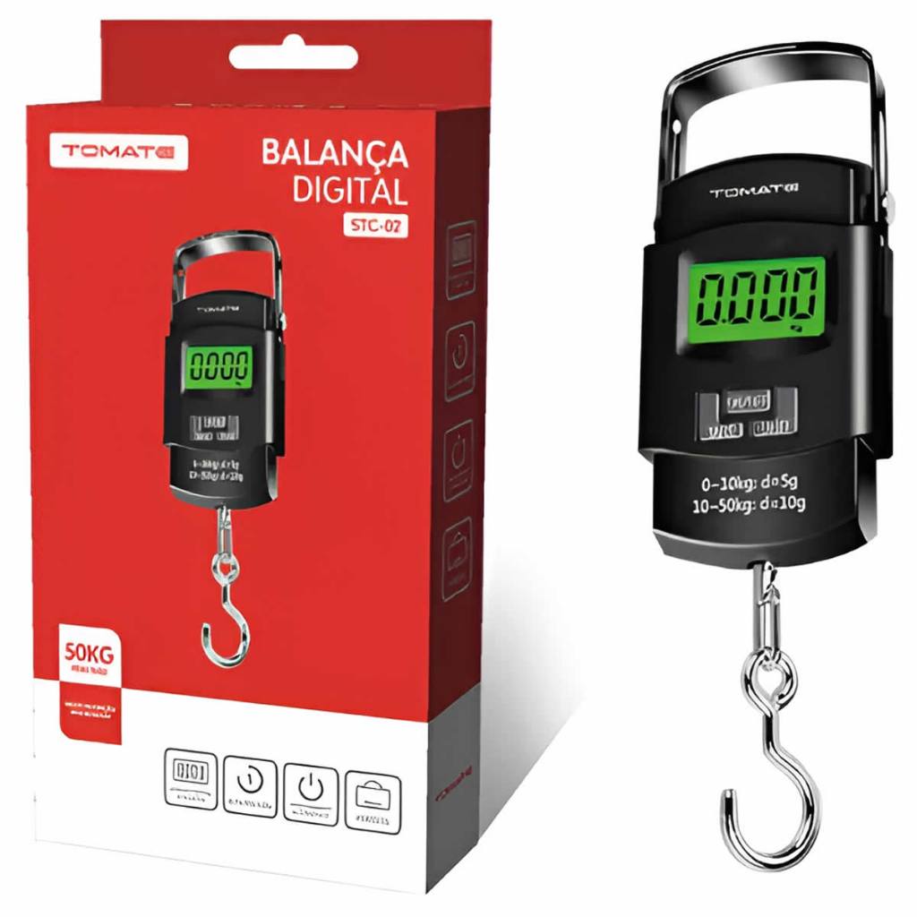 Balança Portátil Digital Mão 50kg Gancho Aço Manual Tela LCD Visor Iluminado Tomate STC-02 Pesar Viagem Bagagens Pesca