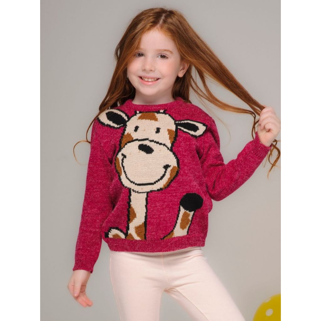 Blusa Tricô Infantil Menina de Lã Suéter Tricot Inverno Girafa Zebra Rosa