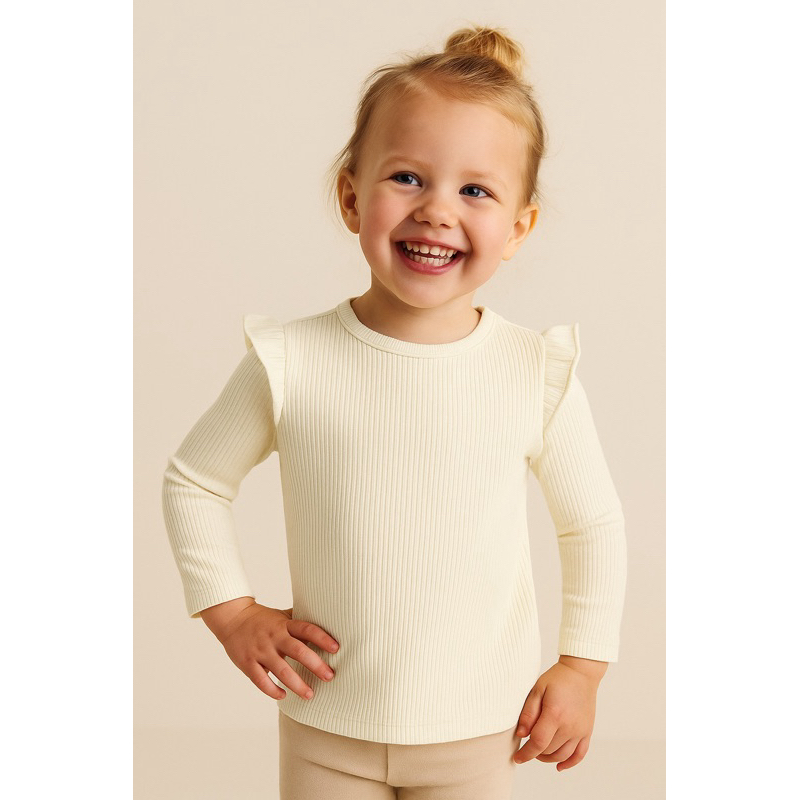 Blusa canelada infantil manga longa com babado moda outono inverno
