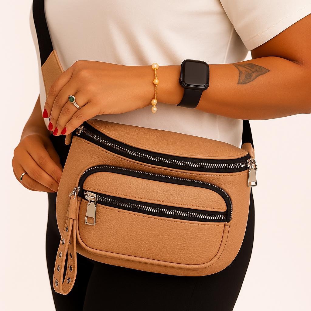 Bolsa Feminina Transversal Ombro Pochete Alça Ajustavel Couro Sintético Moderna Casual Preta com Zíper Moderna Elegante