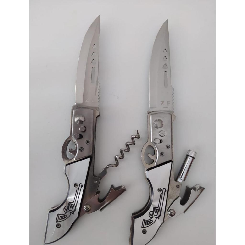 Canivete Automatico Inox Estilo Revolver Com Abridor e Saca-rolha de Vinho ou Lanterna