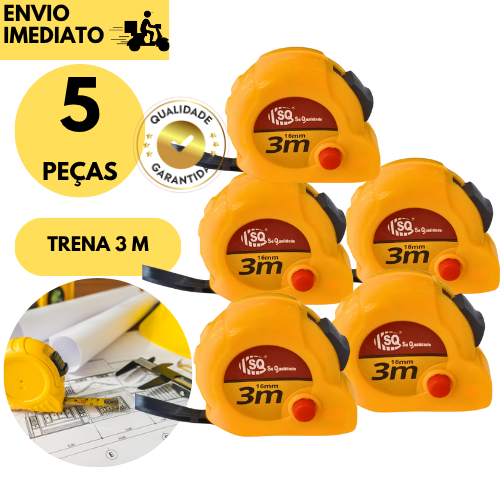 Kit com 5 Trenas de 3 Metros Trava e Clipe Medição Precisa para Obras Pedreiro Ajudante