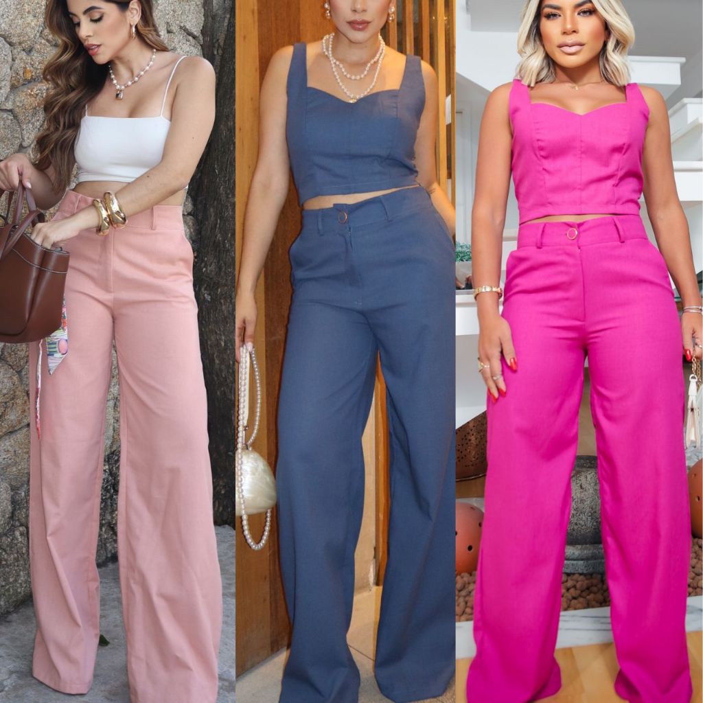 Calça Pantalona Feminina Alfaiataria Linho Misto Premium | Cintura Alta Wide Leg | Elegante | P M G