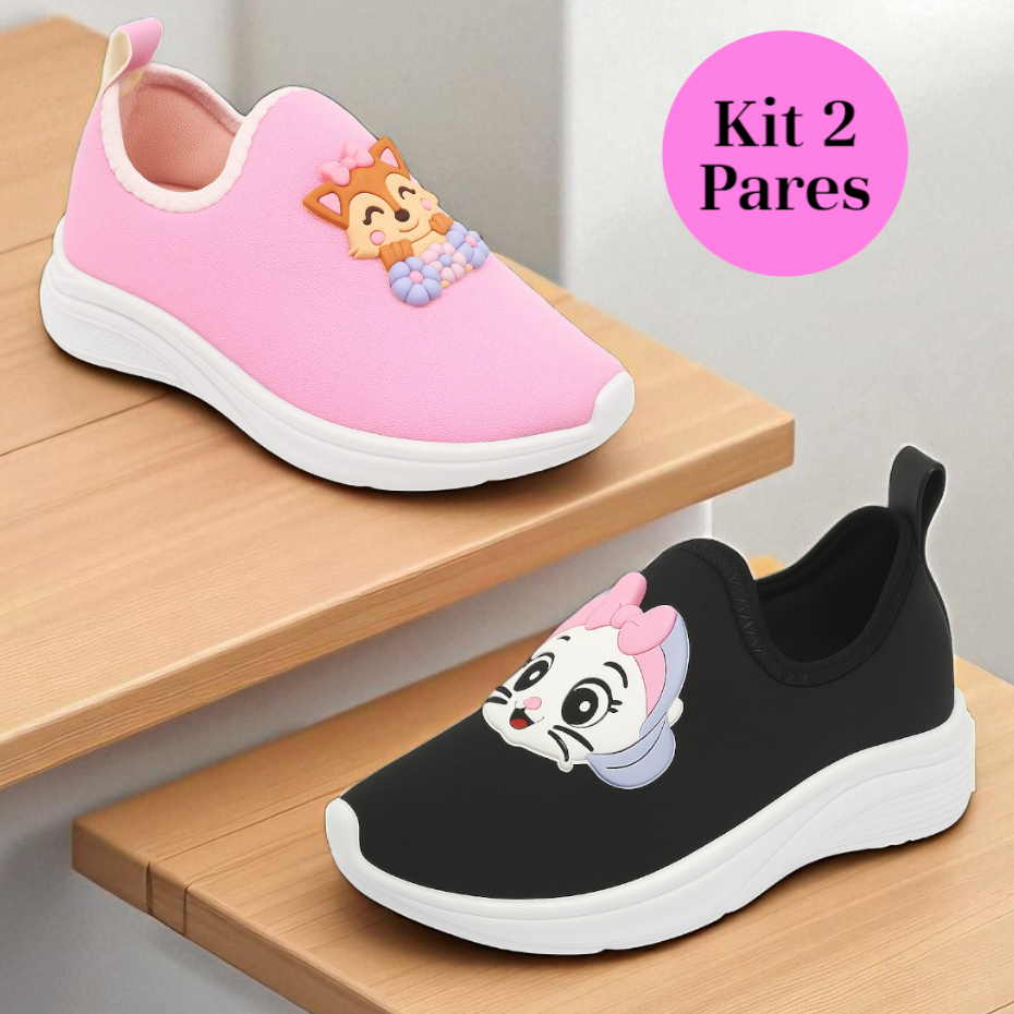 Kit 2 Pares Tênis Infantil Menina Escolar Calce Fácil Antiderrapante Volta às Aulas