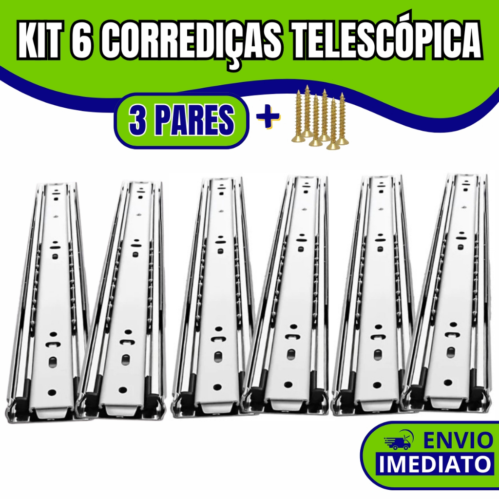Kit 6 Corrediças Gaveta Trilho Telescópica COM Parafusos | 25cm - 30cm - 35cm - 40cm - 45cm