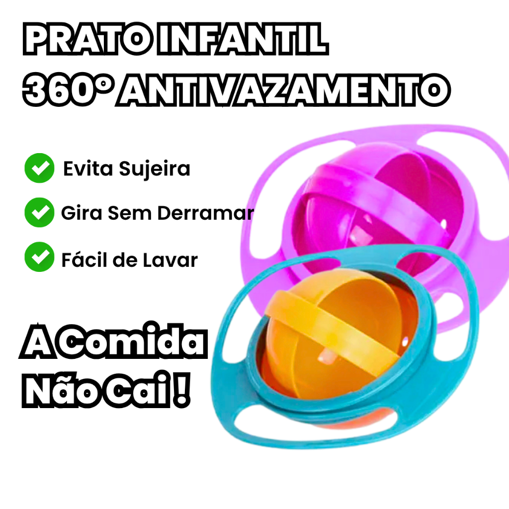 Prato Infantil 360° Giratório Fácil de Limpar Bebê Não Derrama Refeição