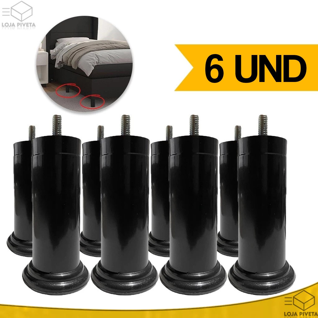 Kit 6x Pé de Cama Box 12cm Cabeceira Pezinho Plástico PU Com Parafuso Resistente Suporta Até 250Kgs