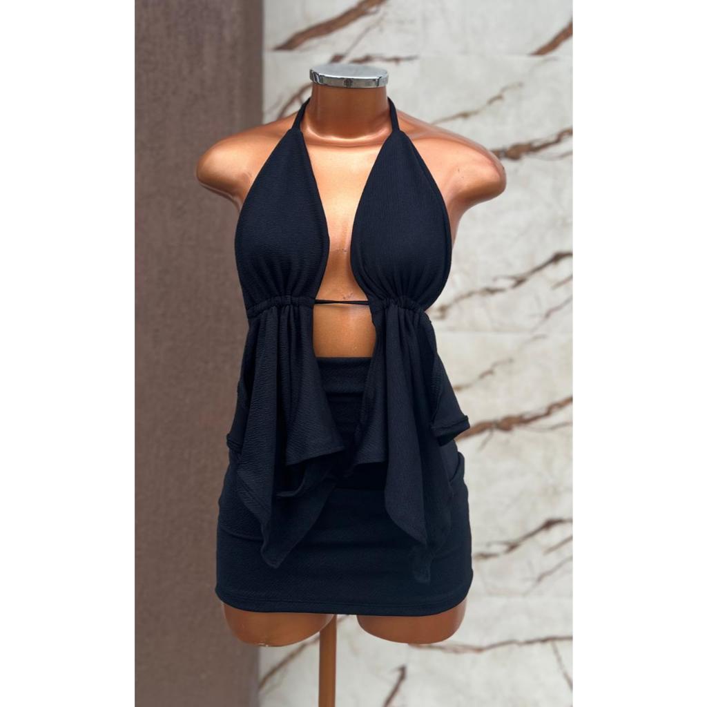 Conjunto Feminino Cropped Frente Única e Saia Curta Malha Crepe Tendência Moda Gringa Paty Blogueira Verão