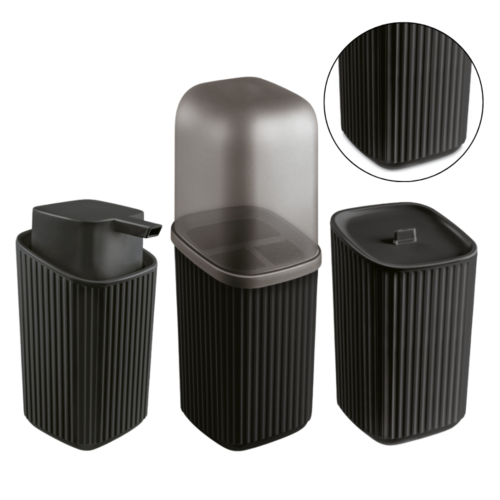 Kit 3 Acessórios Banheiro com Porta Sabonete Líquido Porta Algodão Porta Escovas canelado- Usual
