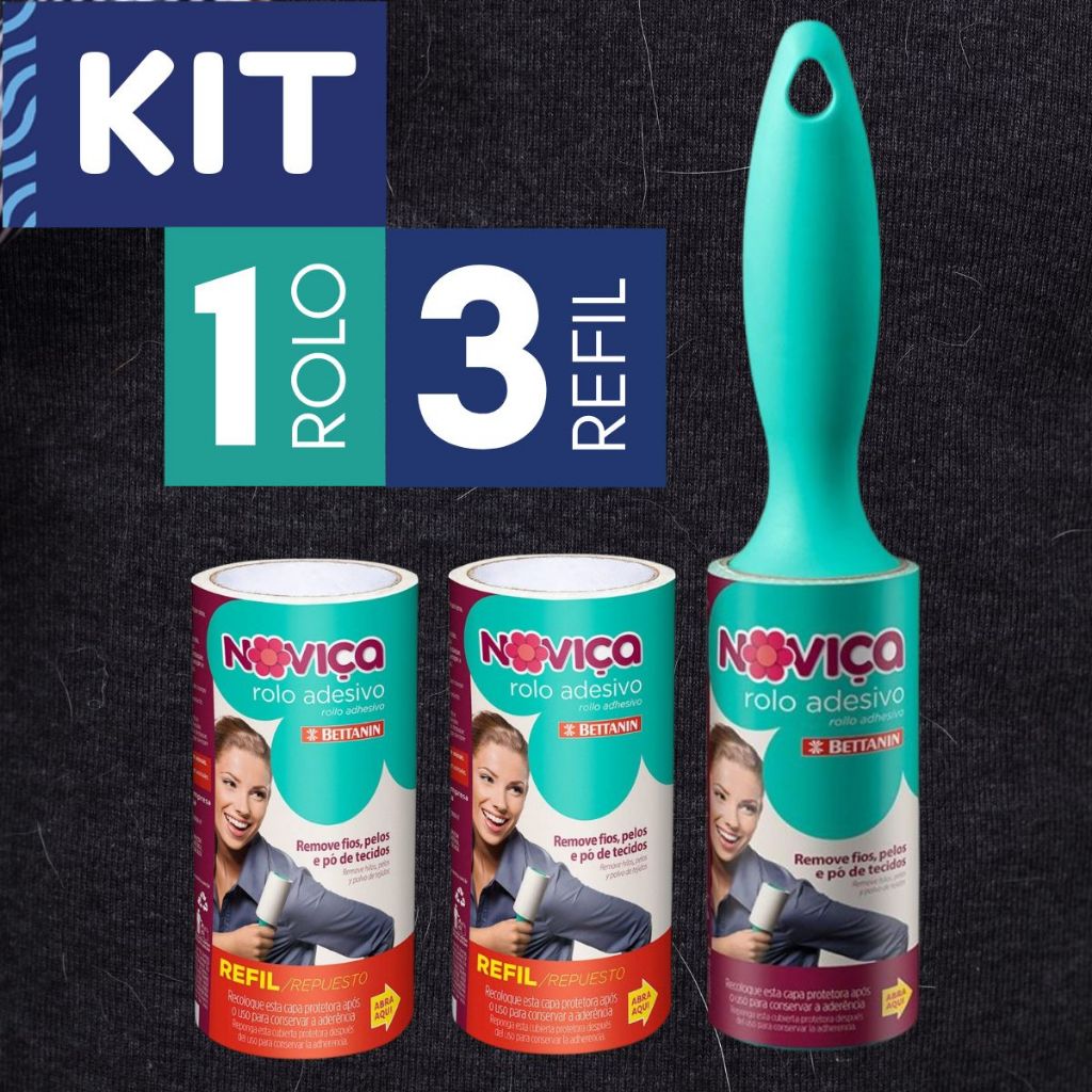 Kit com 1 rolo + 2 Refil para Rolo Adesivo Tira Pelo Cabelo Fiapo Pó Noviça 30 folhas cada