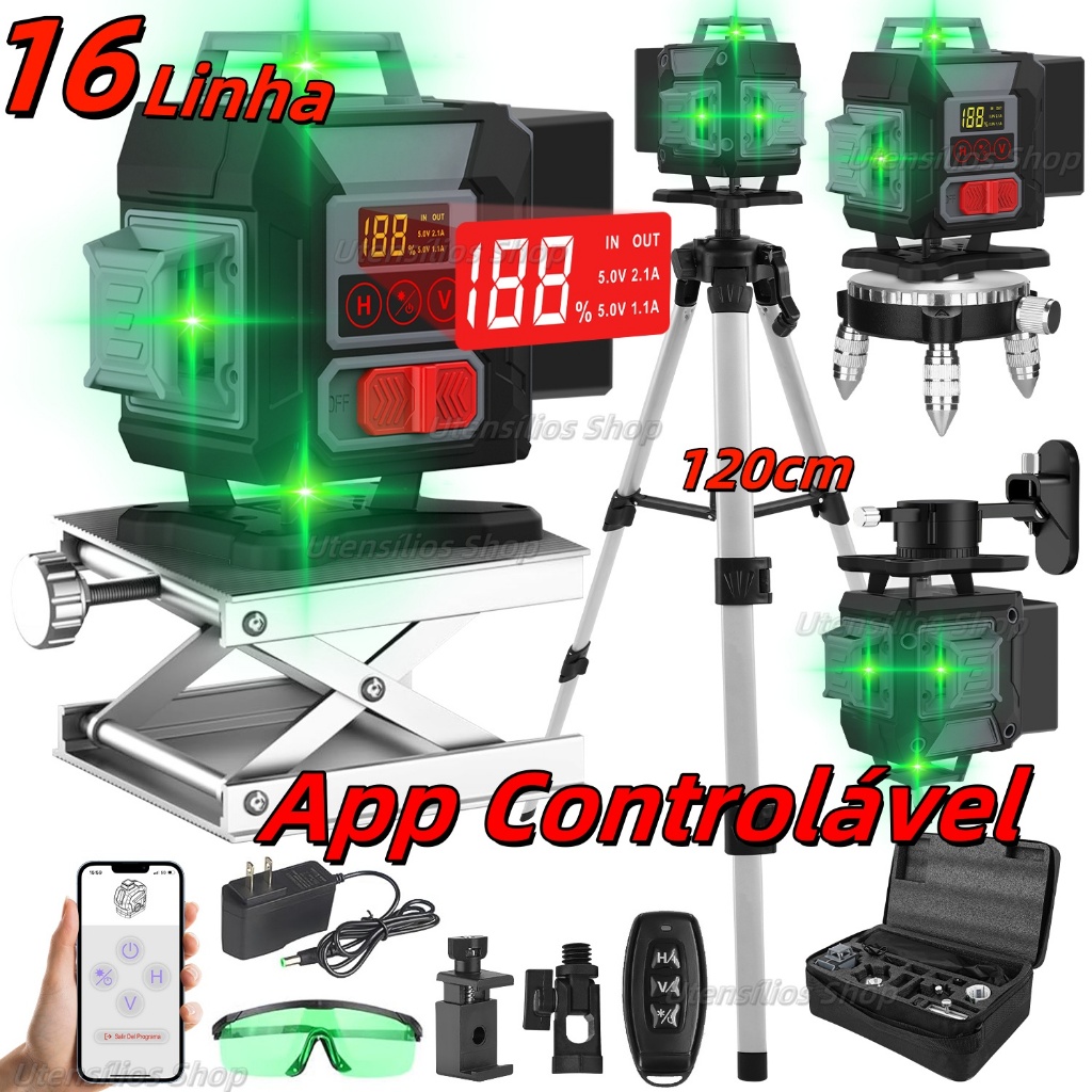 Nível Laser Verde 16 Linhas Automático 2 Bateria+1.2m Tripé Nivel a Laser