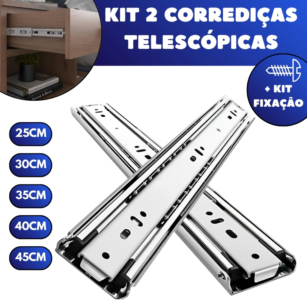 Kit 2 Corrediças Telescópicas Light Gaveta Aço Trilho Deslizante Com Parafusos 25cm 30cm 35cm 45cm