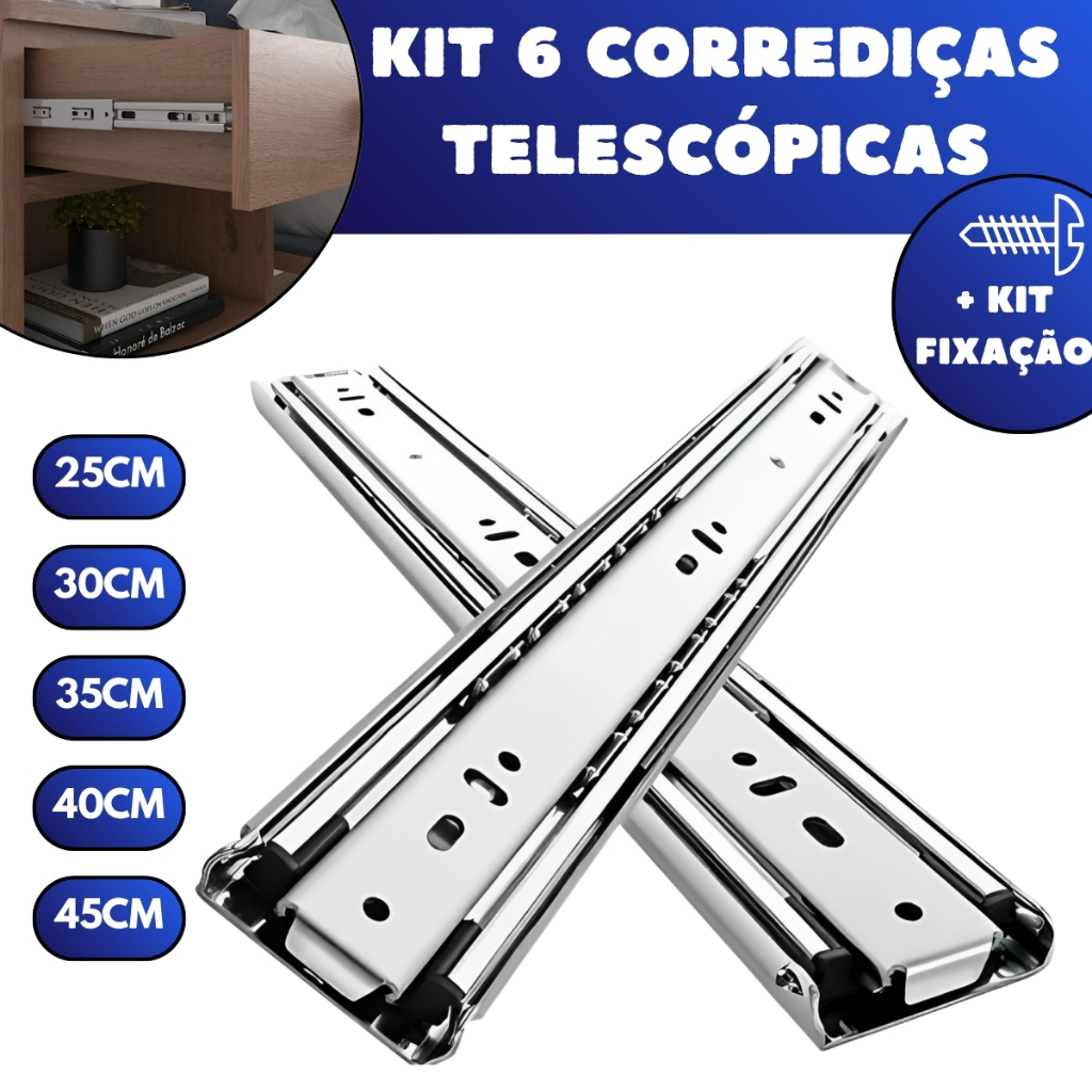 Kit 6 Corrediças Telescópicas Light Gaveta Aço Trilho Com Parafusos 25cm 30cm 35cm 40cm 45cm Leve