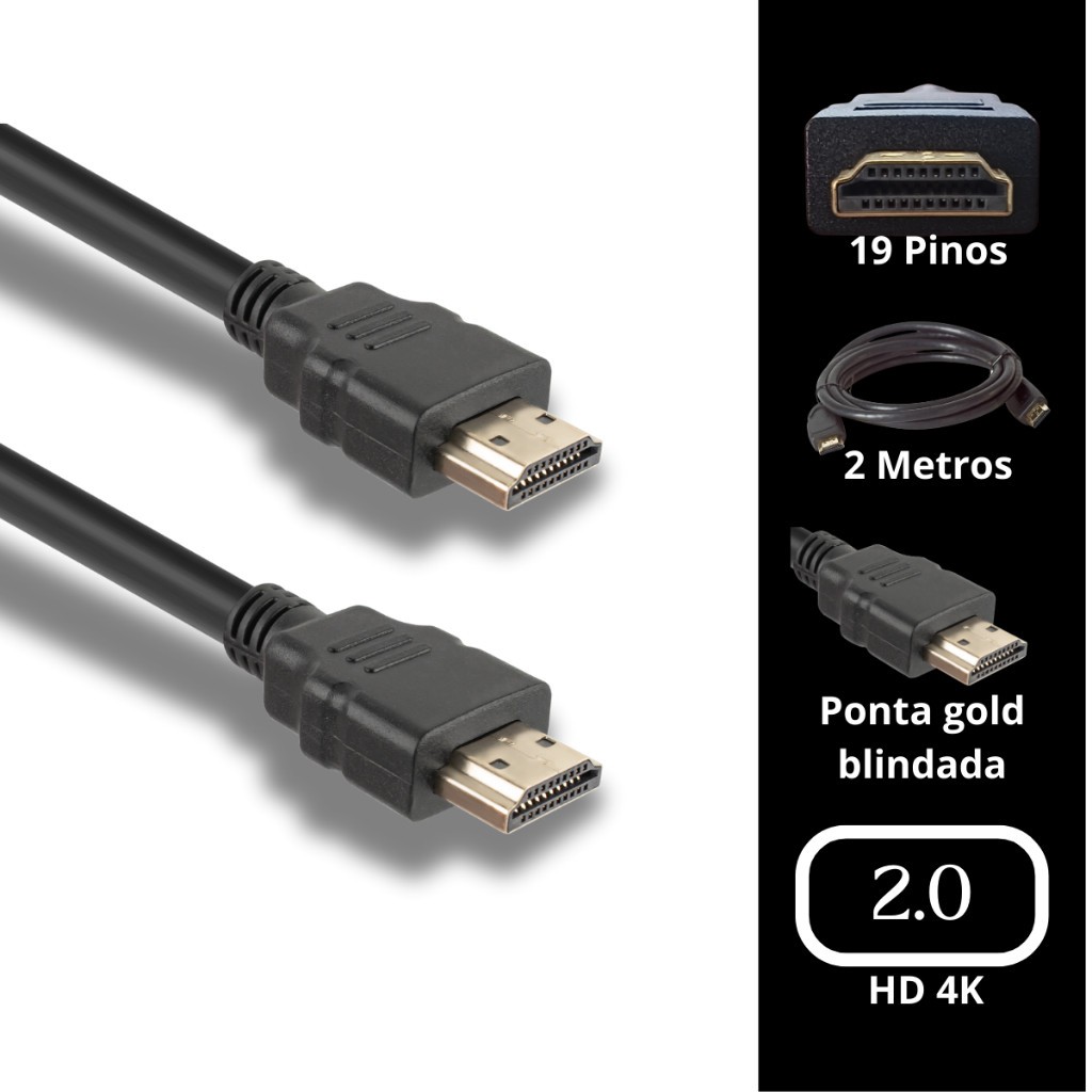 Cabo HDMI 2.0 4K 3D UltraHD 19 Pinos Chip 2 Metros PS4 PS5 Xbox TV Monitor Projetor Notebook Áudio Vídeo