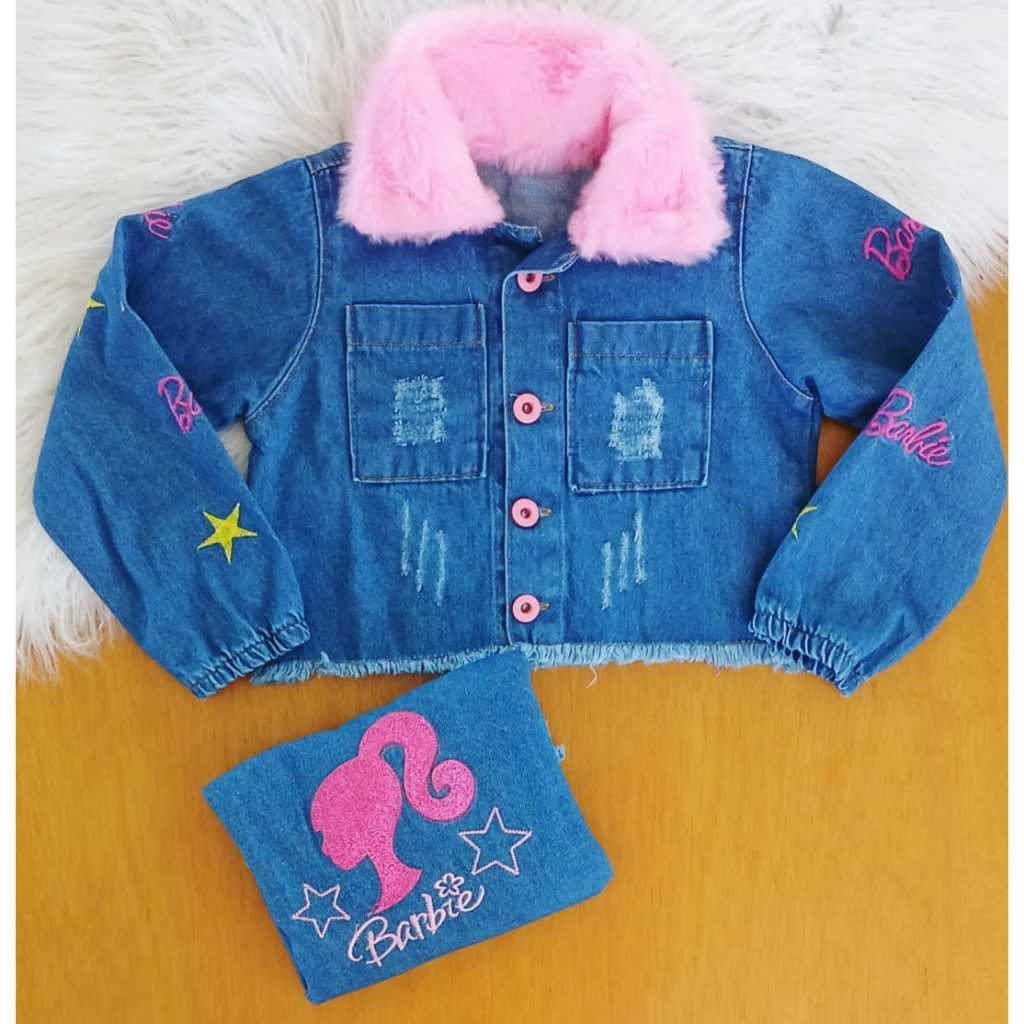 JAQUETA JEANS FEMININA INFANTIL JUVENIL BORDADA E PELUCIADA DO 2 AO 16