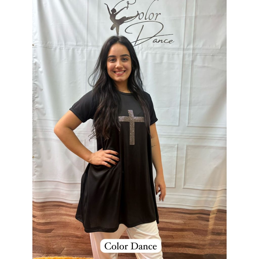 Bata Gospel Feminina Dança Profética Preta com Cruz