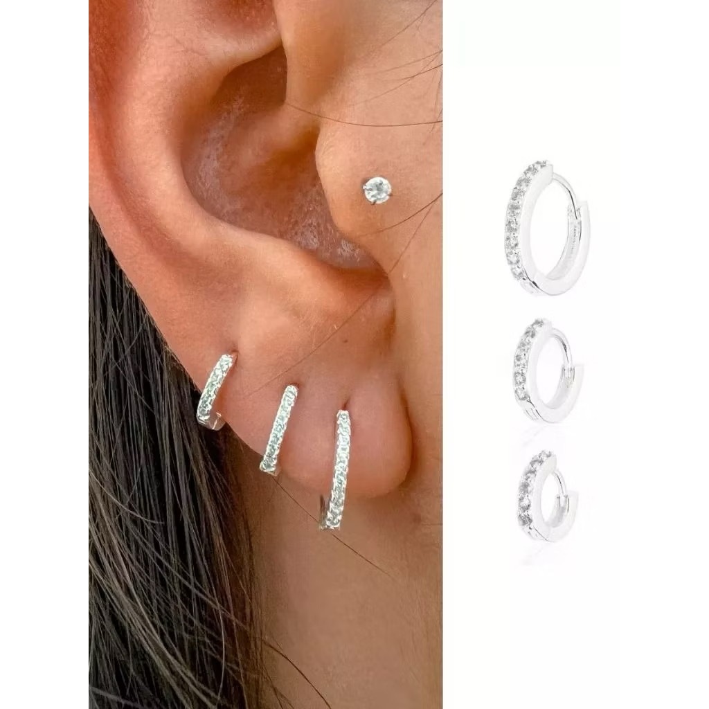 Trio brinco de argola redondo zirconia prata 925
