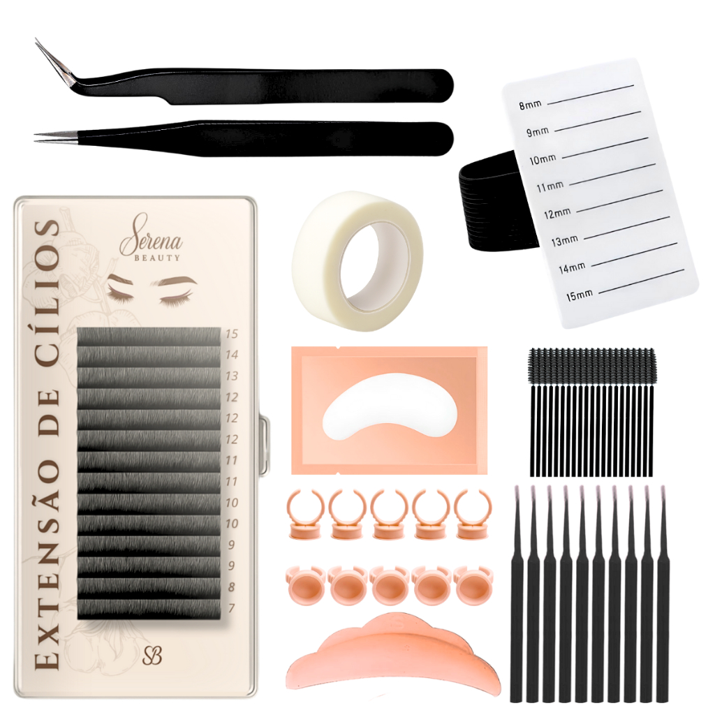 Kit Prático Lash Design para Extensão de Cílios com Cartela de Cílios + Pinças + Pads + Bobs + Placa