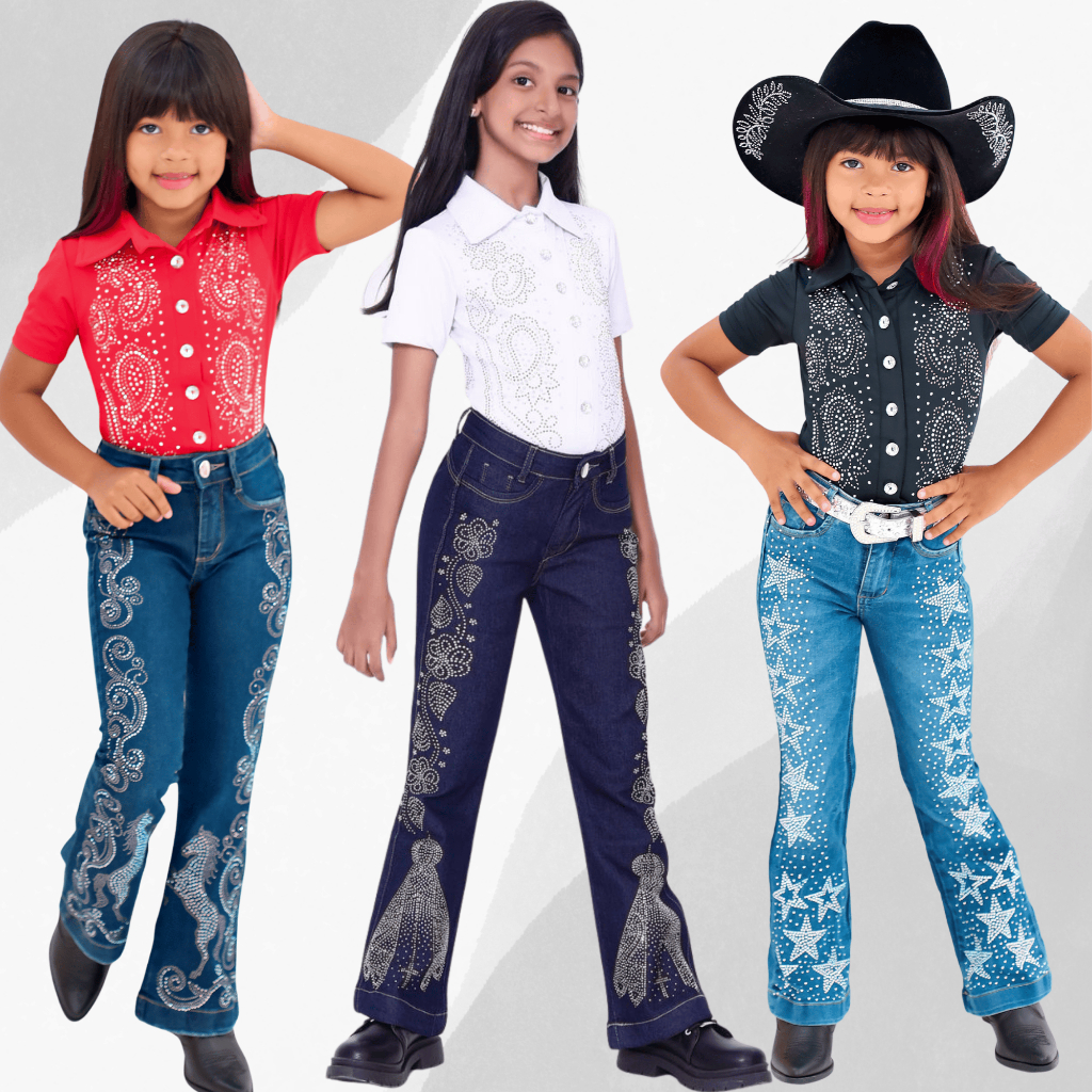 Calca Flare Feminina Rodeio com Strass Pedraria Juvenil Infantil Meninas CAVALO ESTRELA SANTA