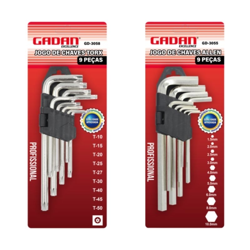 Kit Jogo de Chaves Allen ou Torx Gadan – 9 Peças Cada – Profissional e Resistente