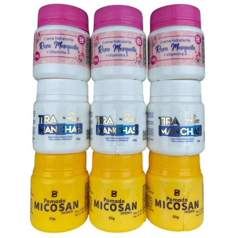 Kit com 3 Pomada Micosan + 3 Tira Manchas + 3 Rosa Mosqueta Clareador de Manchas 50g Cada