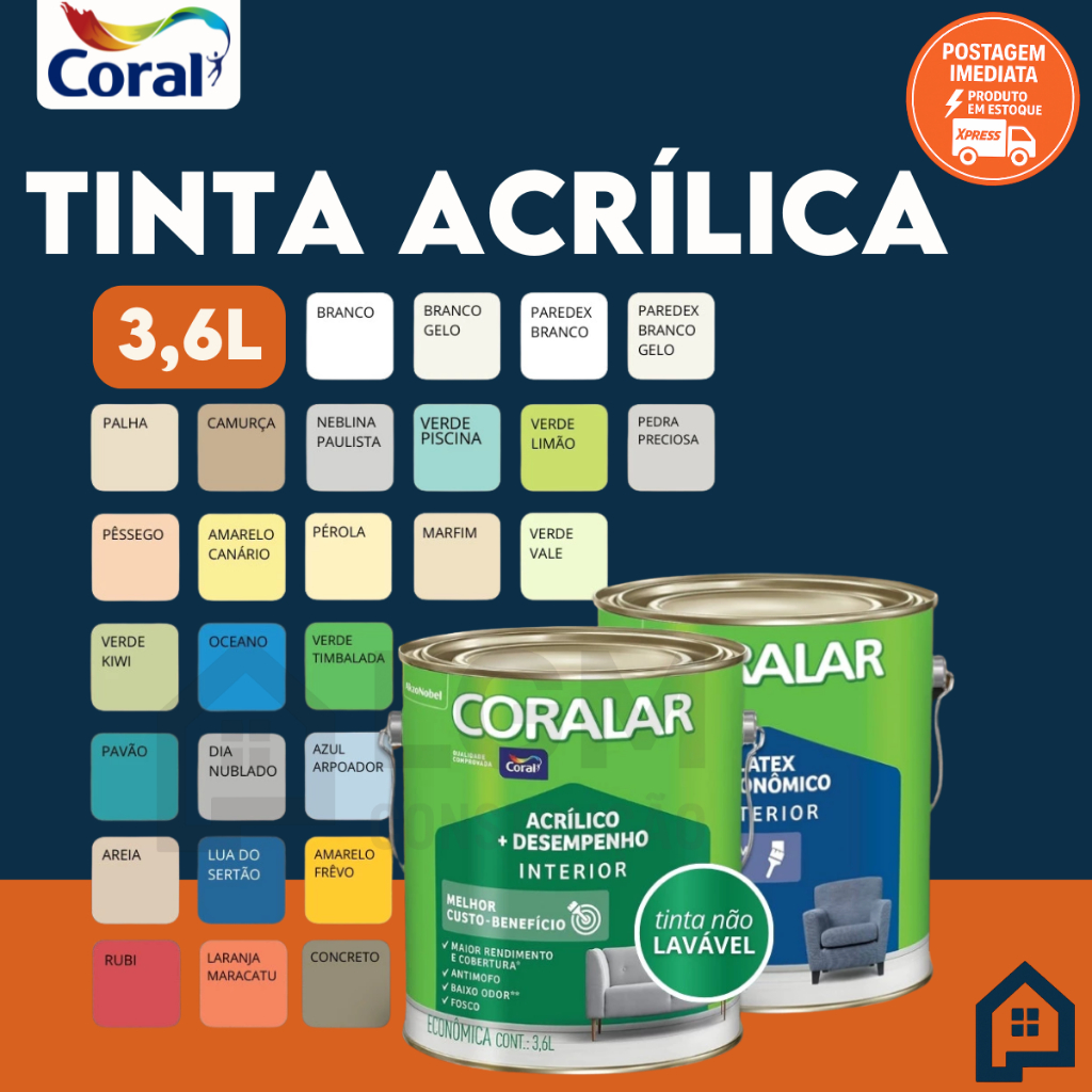 Tinta Acrílica Coral Coralar 3,6 Litros – Todas as Cores | Interior e Exterior Fosca, Econômica