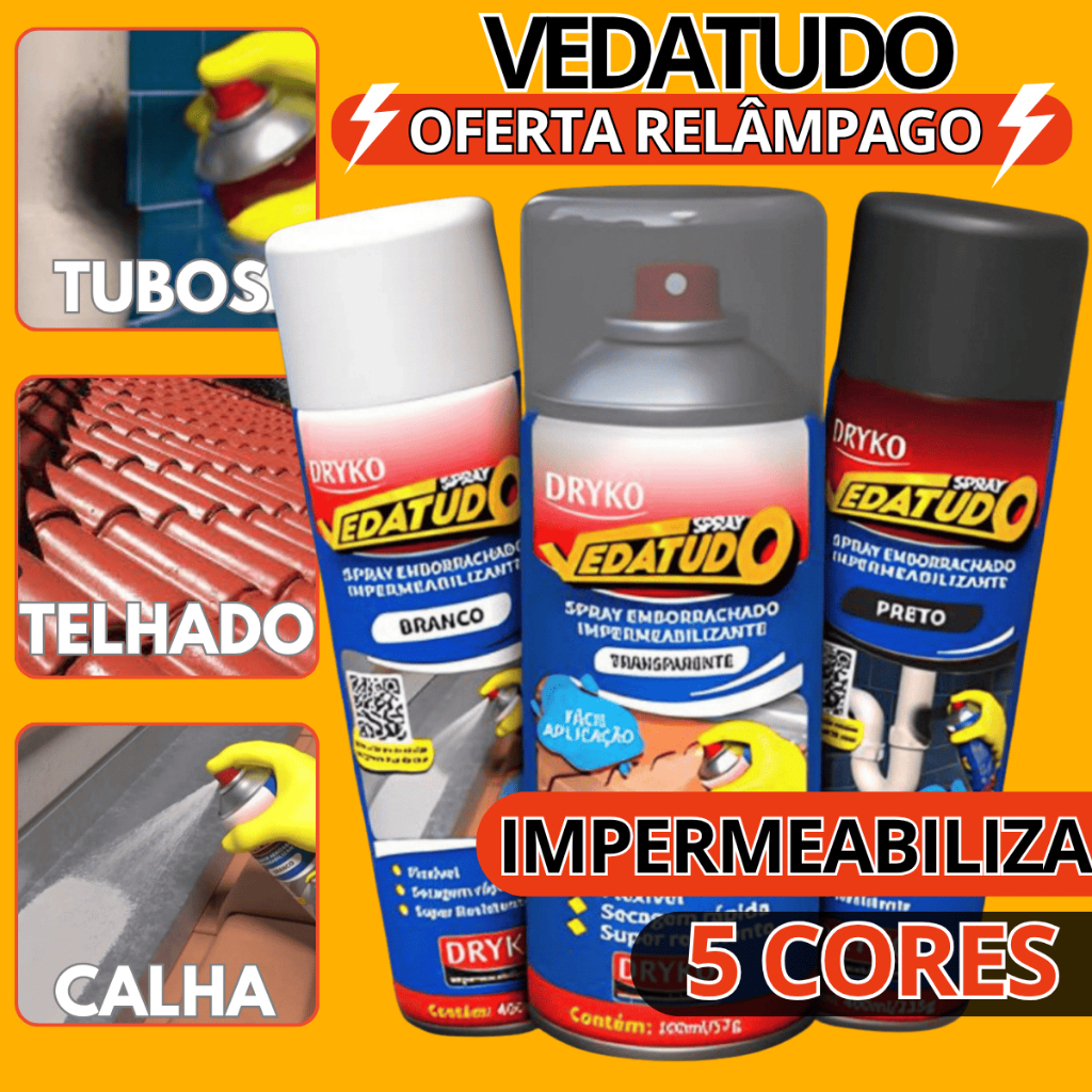 Spray vedatudo Impermeabilizante 400ml Borracha Líquida Manta Vazamentos Preto Branco Incolor