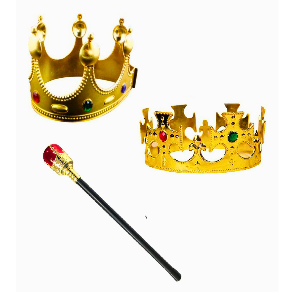 Kit Fantasia Rei e Rainha Coroa Dourada e Cetro