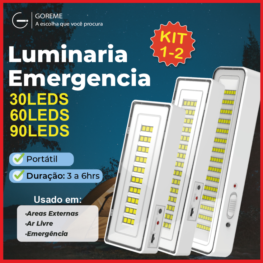 Luminária Emergência Lâmpada Portátil 30 60 90 Leds Recarregável Bivolt Luz Branca Fria