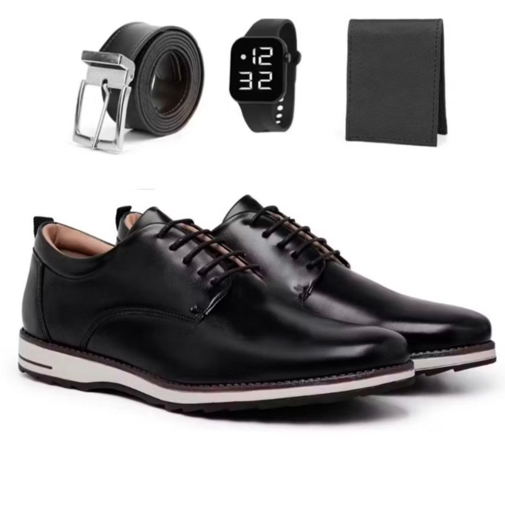 Kit Sapato Social Masculino Oxford Moderno De Couro Confortável Com Solado Leve Estiloso Top + Cinto Carteira Relogio