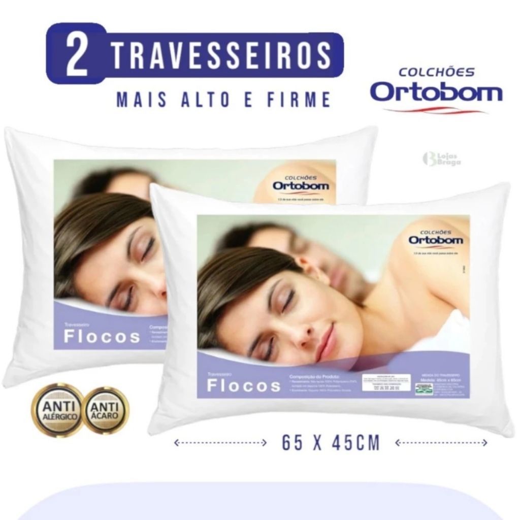 Kit 2 Travesseiros Ortobom Ortopédico Macio Confortável Antialérgico Flocos Espuma Antiácaro