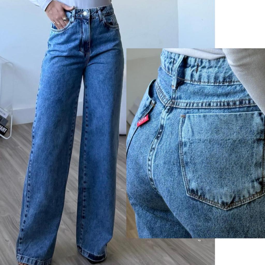 Calça Jeans Feminina Wide Leg pantalona Cintura Alta Tecido 100% Algodão Alta Qualidade