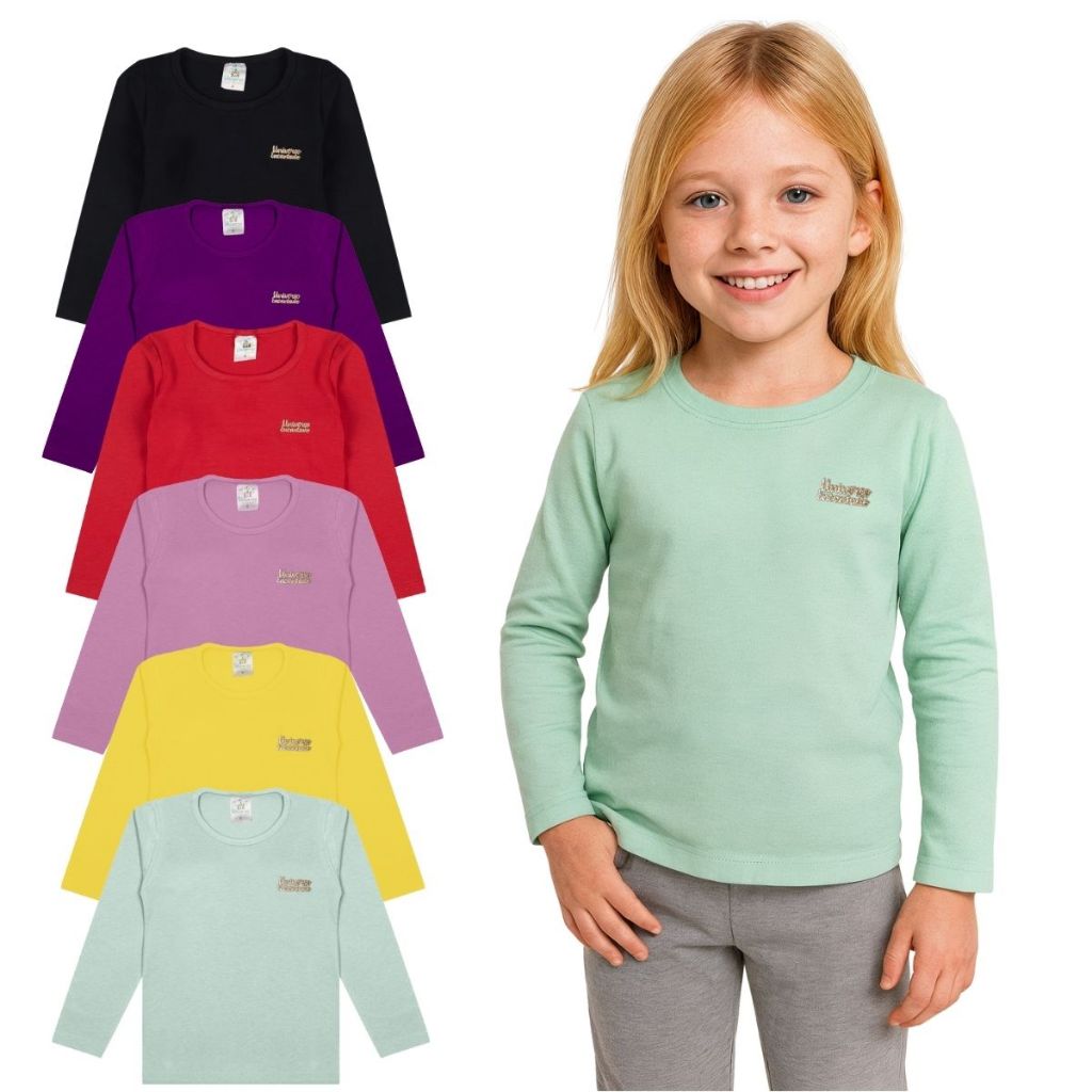 Kit 5 Blusas Manga Longa Infantil Menina Algodão Lisa