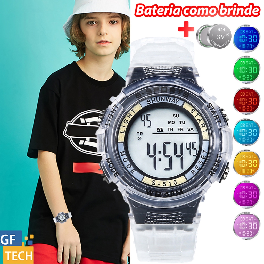 Relógio Digital Infantil à Prova d’Água Com Led Despertador Cronômetro E Pulseira Transparente