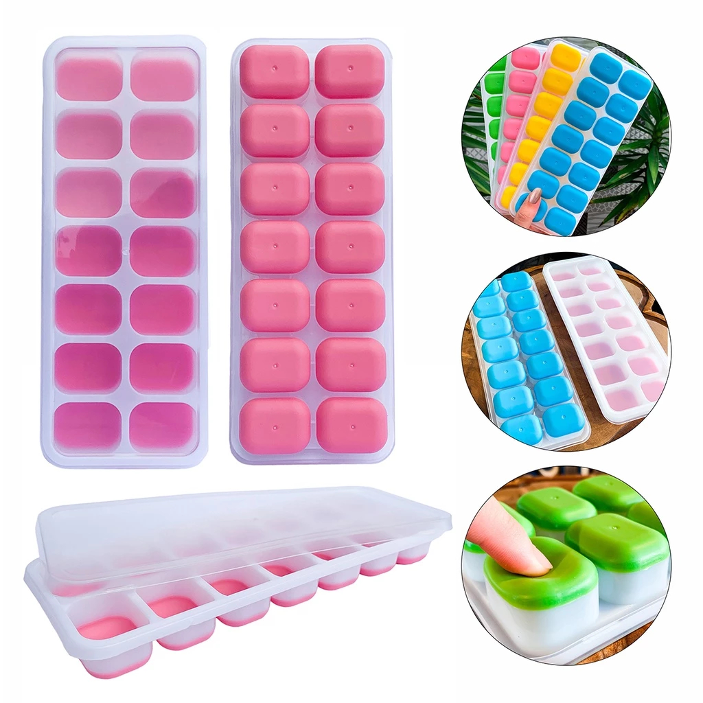 Kit 4 Formas de Gelo de Silicone com Tampa 14 Cubos Cada, Cozinha, Lavável, Flexível e Reutilizável