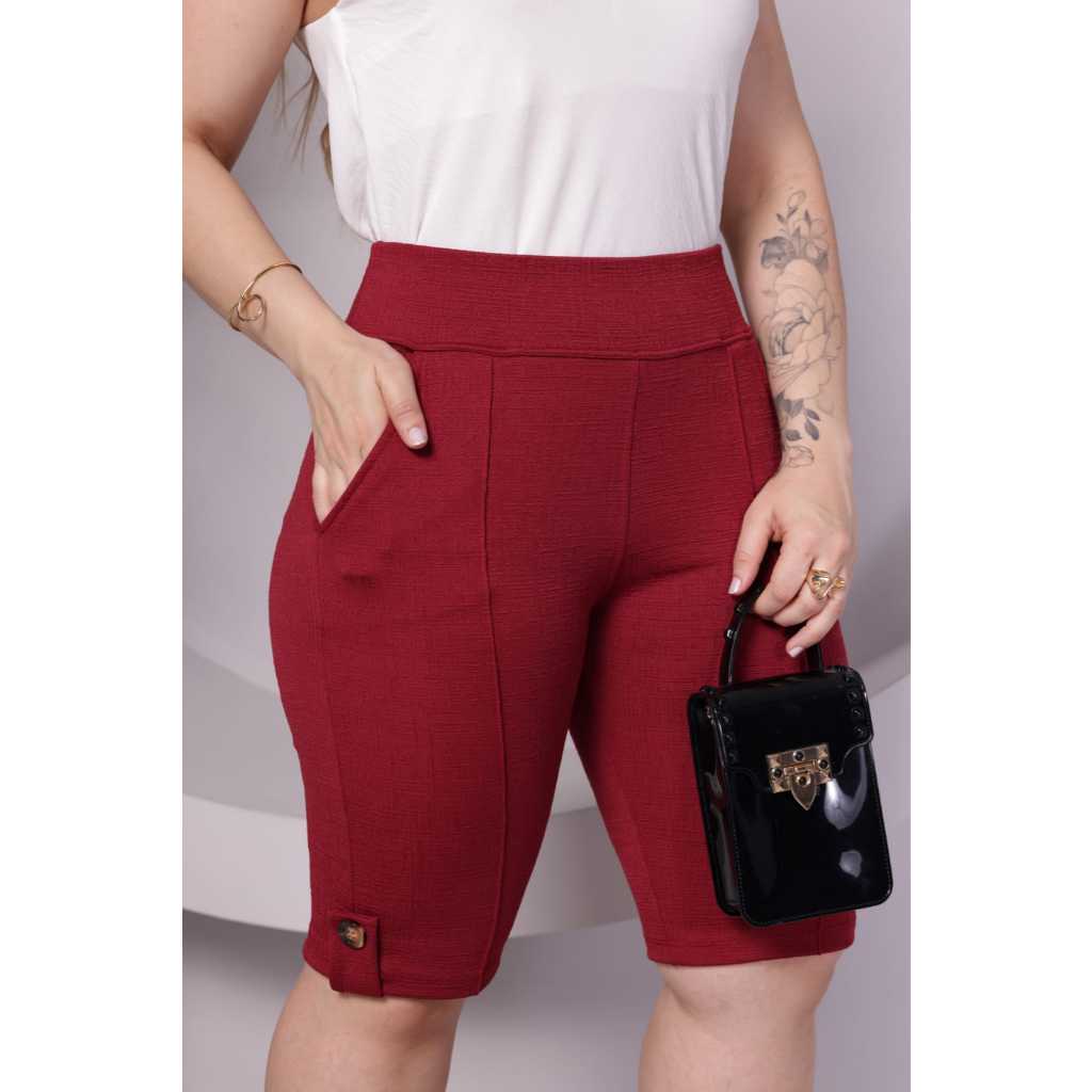 Bermuda Feminina Social  Elegante Cintura Alta com Bolso e Botão Tecido Malha Jacquard Premium