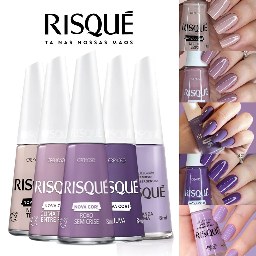 Kit 5 Esmaltes Risqué Novas Cores Cremosas Tons Lilás Lavanda Esmalte Atacado