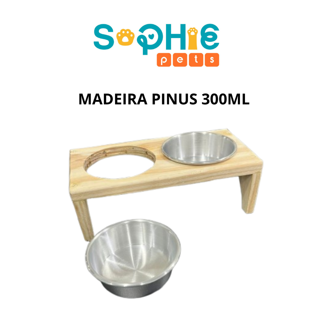 Comedouro Bebedouro Madeira Pinus Duplo Alumínio Cachorro Gato Filhote 300ml