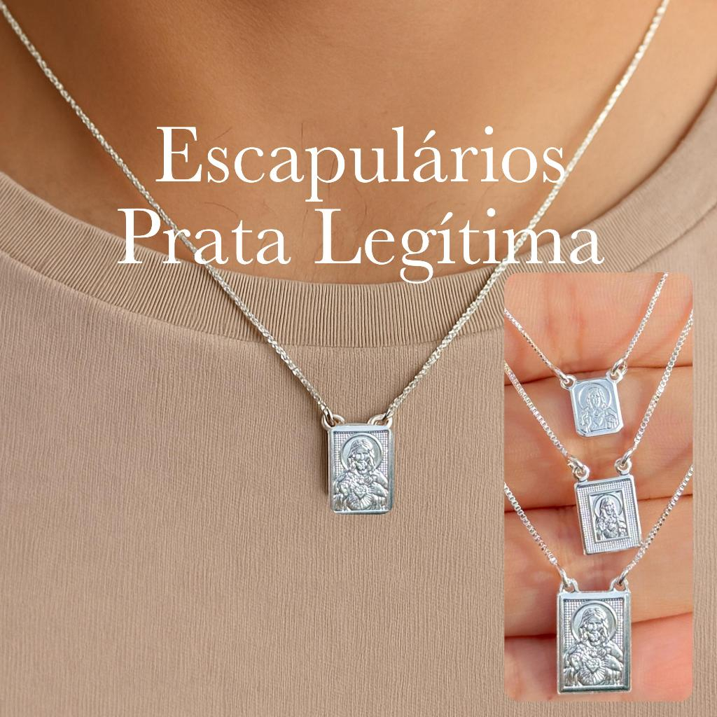 Escapulário Masculino Prata 925 Legítima Sagrado Coração de Jesus+ Nossa Senhora do Carmo 60cm Unissex