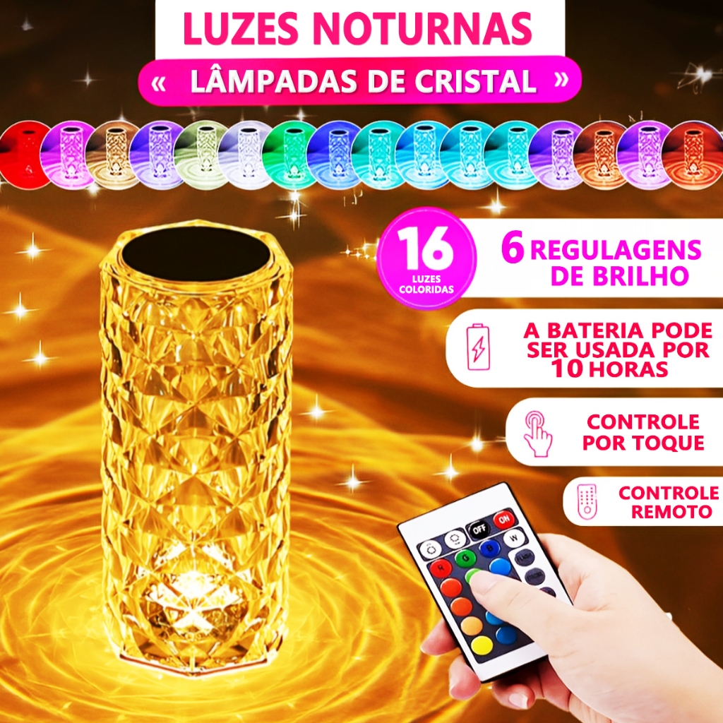 Luminária De Mesa De Cristal LED Com 16 Cores De Luz Projetor Diamante Controle De Toque Cabeceira