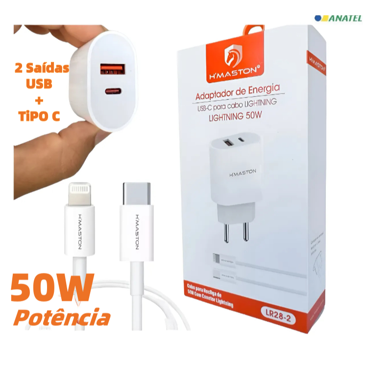 Carregador Turbo 50W 2 Saídas  USB + Tipo C Carregamento Super Rápido Carregador Para IPhone Android