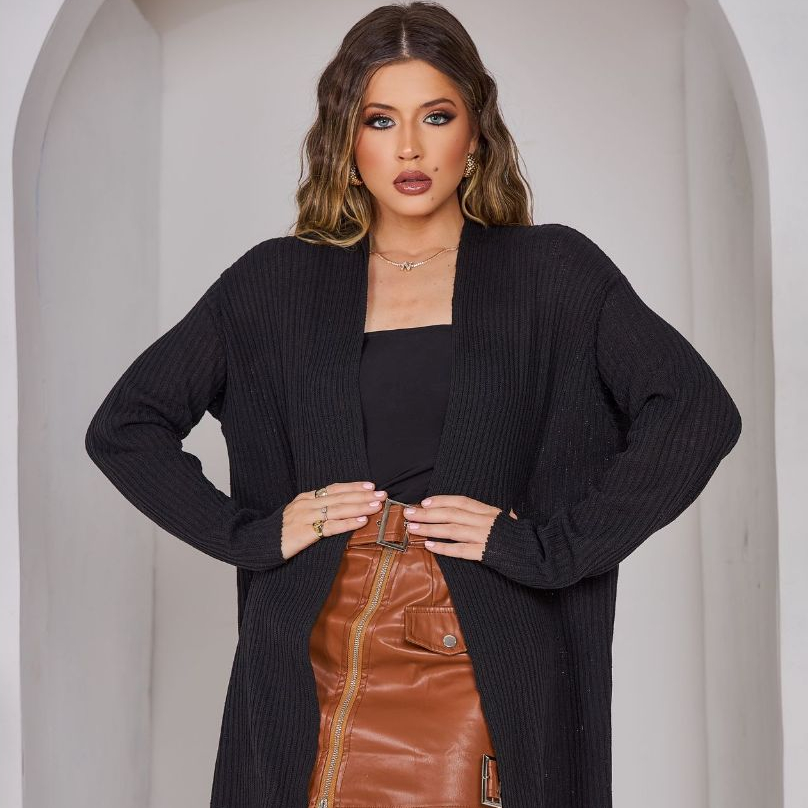 Cardigan Casaco Canelado Tricot Basico Casaquinho Feminino Meia Estação Kimono Leve Longo Elegante
