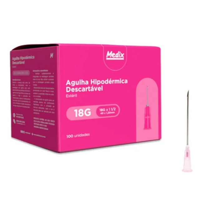 Caixa 100 Agulha Hipodermica Rosa 18g 40x12 Mm Seringa Luer Capacidade Em Volume 1 Ml