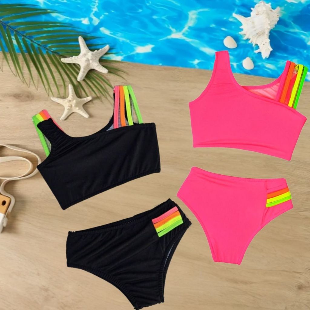 KIT 2 Biquini Infantil Juvenil Calcinha e Top Forrado Proteção UV Alça Colorida Moda Praia Menina