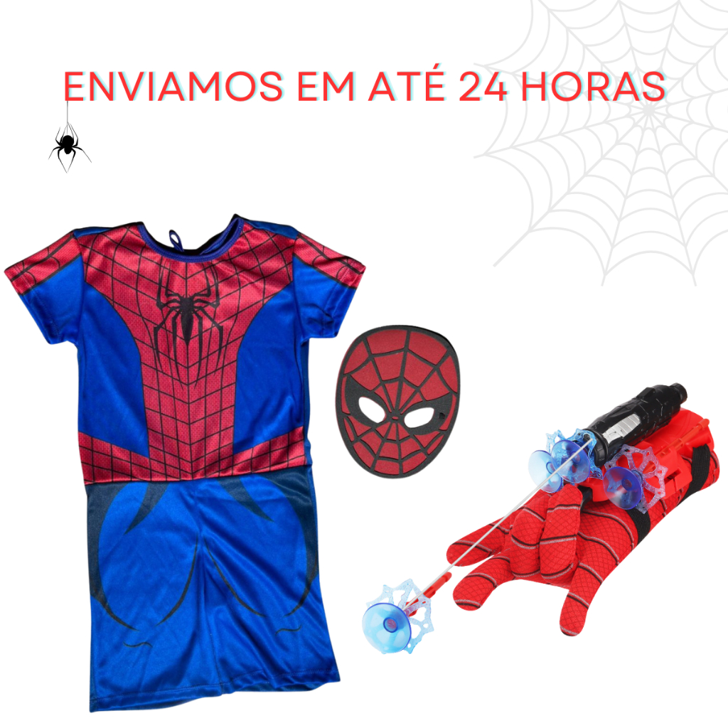 Kit Fantasia e Lançador de Teia Menino Aranha Dardos com Ventosa Brinquedo Infantil