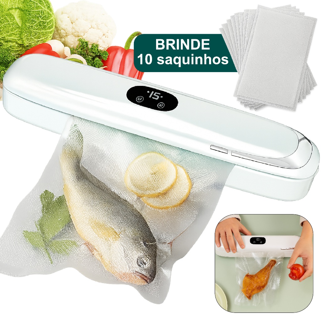 Maquina Seladora Embaladora De Alimentos A Vácuo Com Timer Digital + 10 Sacos De Reposição Top